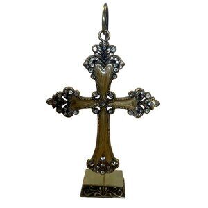 Enamel and Rhinestone Hanging Cross Crucifix on Brass Plated Decorative Stand